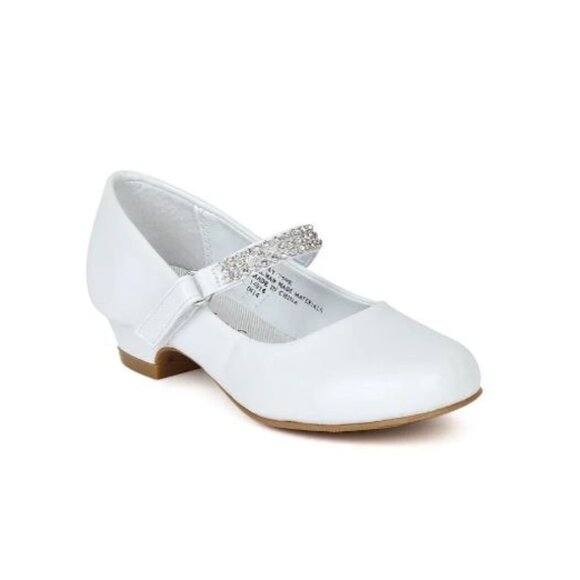 Little Girl/Big Girl Round Toe Rhinestone Strap Kiddie Heel Pump - White PATENT - Picture 1 of 5